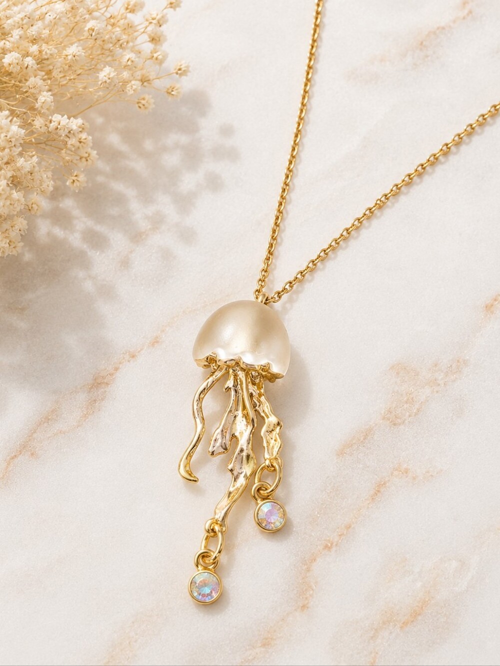 Gold Jellyfish Pendant Necklace Opal Crystal Oceancore Mermaid Aesthetic